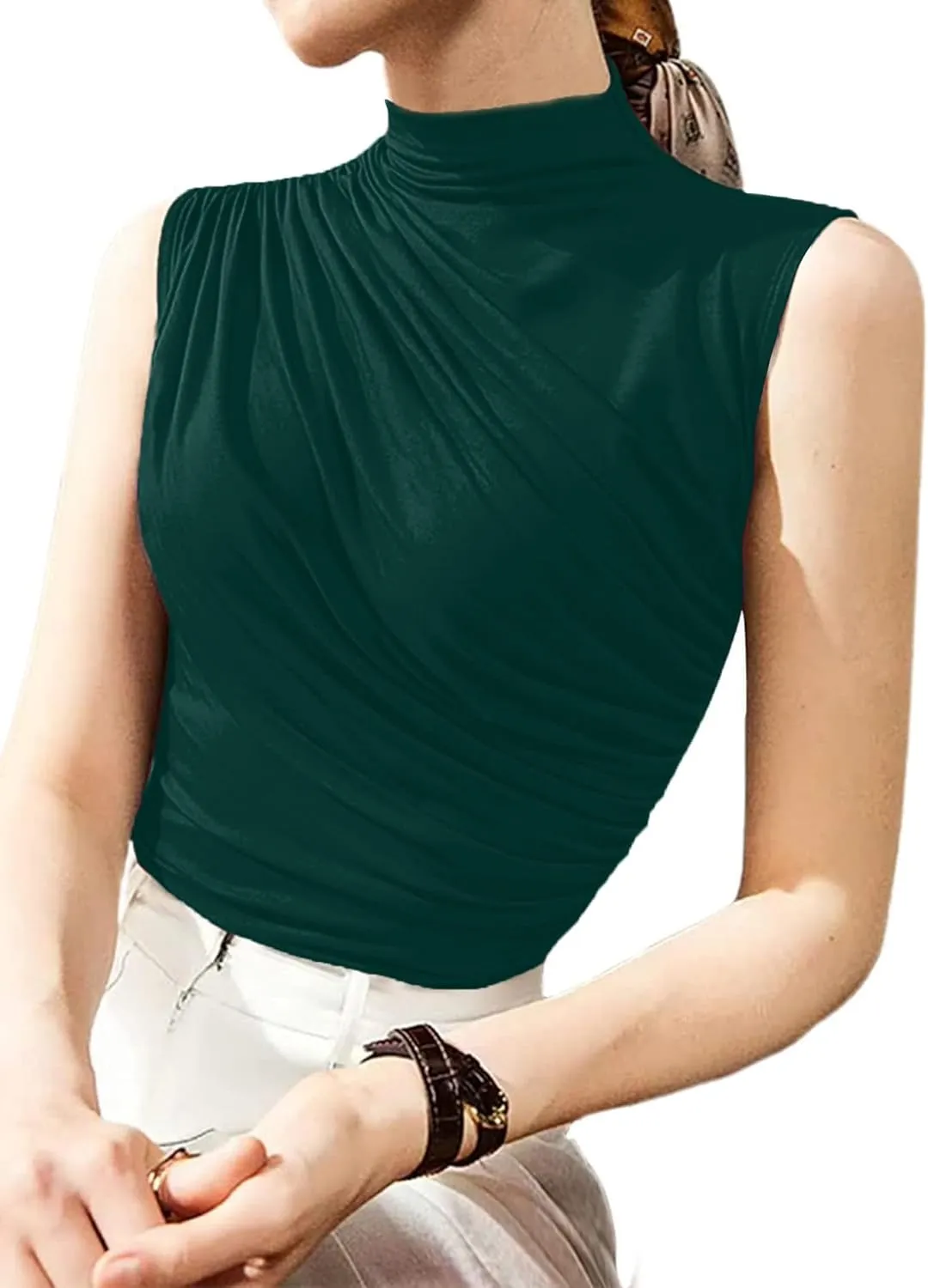Avanova Women Fitted Sleeveless Ruched Tank Top Shirt Mock Turtleneck Blouses