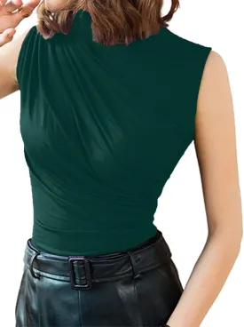 Avanova Women Fitted Sleeveless Ruched Tank Top Shirt Mock Turtleneck Blouses