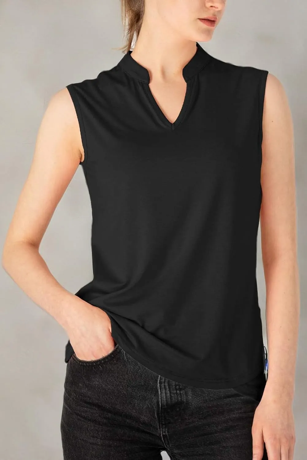 BASUDAM Women's Sleeveless Golf Polo Shirts V-Neck Collarless Tennis Athletic T-Shirts Quick Dry