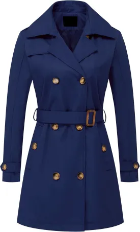 Chrisuno Women's Double Breasted Trench Coats Mid-Length Belted Overcoat Long Dress Jacket with Detachable Hood