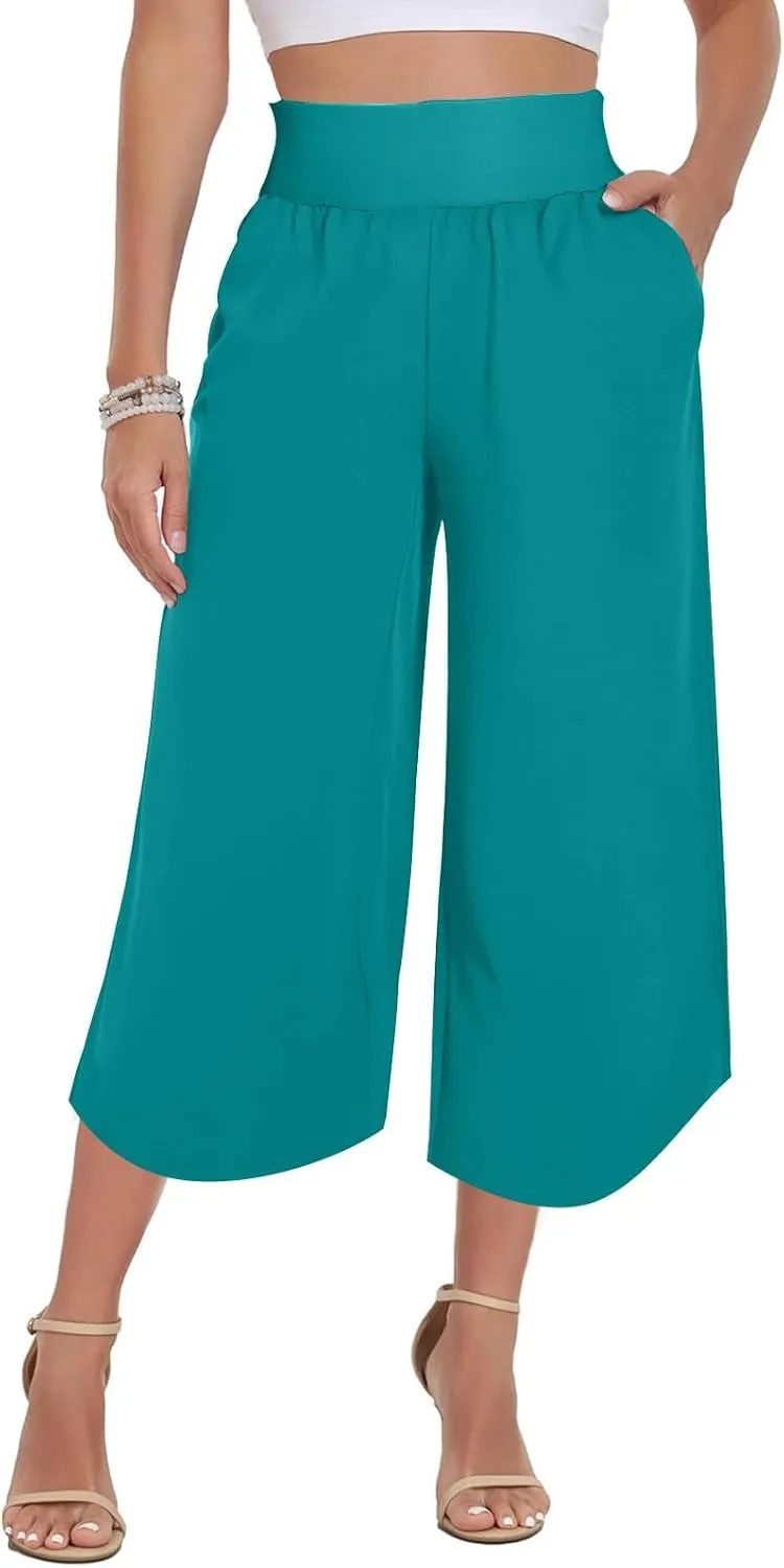 Crop Palazzo Pants for Women 2025 Summer Wide Leg Capris Yoga Pants Side Slit High Waist Capri Pants with Pockets