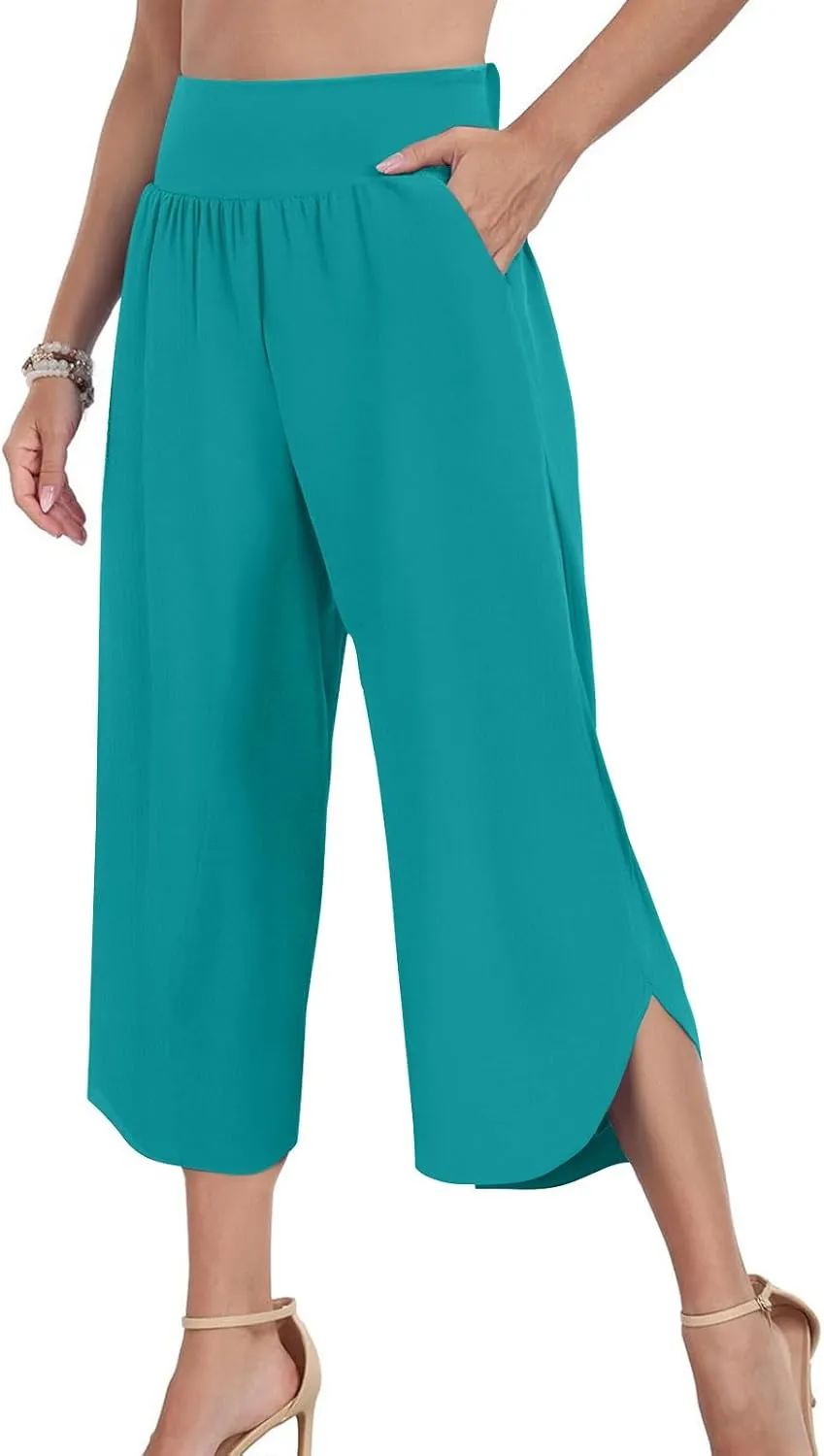 Crop Palazzo Pants for Women 2025 Summer Wide Leg Capris Yoga Pants Side Slit High Waist Capri Pants with Pockets