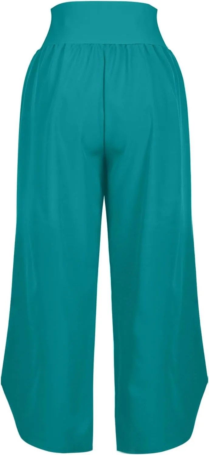 Crop Palazzo Pants for Women 2025 Summer Wide Leg Capris Yoga Pants Side Slit High Waist Capri Pants with Pockets
