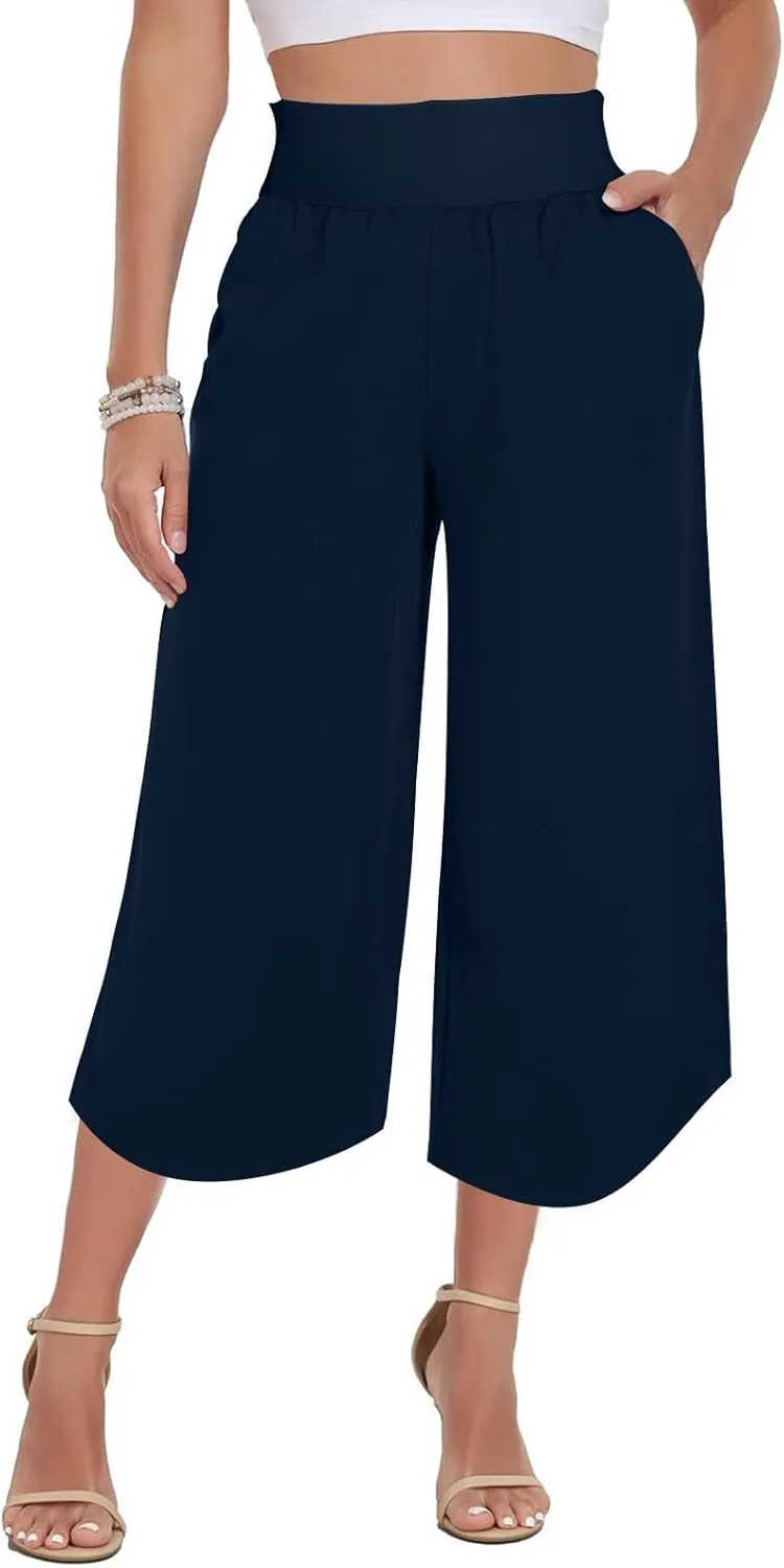 Crop Palazzo Pants for Women 2025 Summer Wide Leg Capris Yoga Pants Side Slit High Waist Capri Pants with Pockets