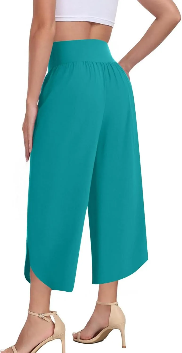 Crop Palazzo Pants for Women 2025 Summer Wide Leg Capris Yoga Pants Side Slit High Waist Capri Pants with Pockets