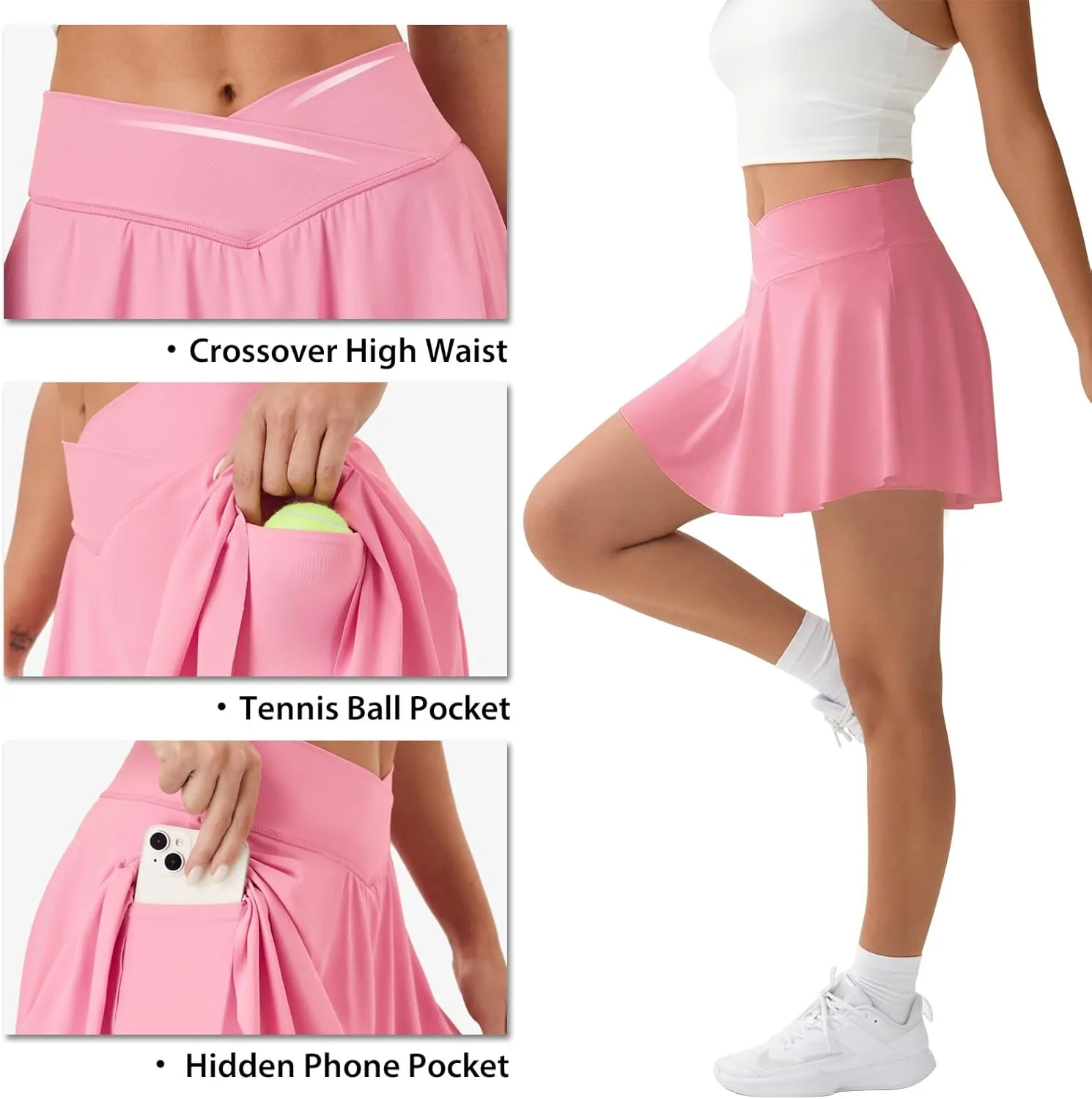 FireSwan Tennis Skirt for Women with Pockets Shorts Crossover High Waisted Pleated Golf Skorts Athletic Workout Skirts
