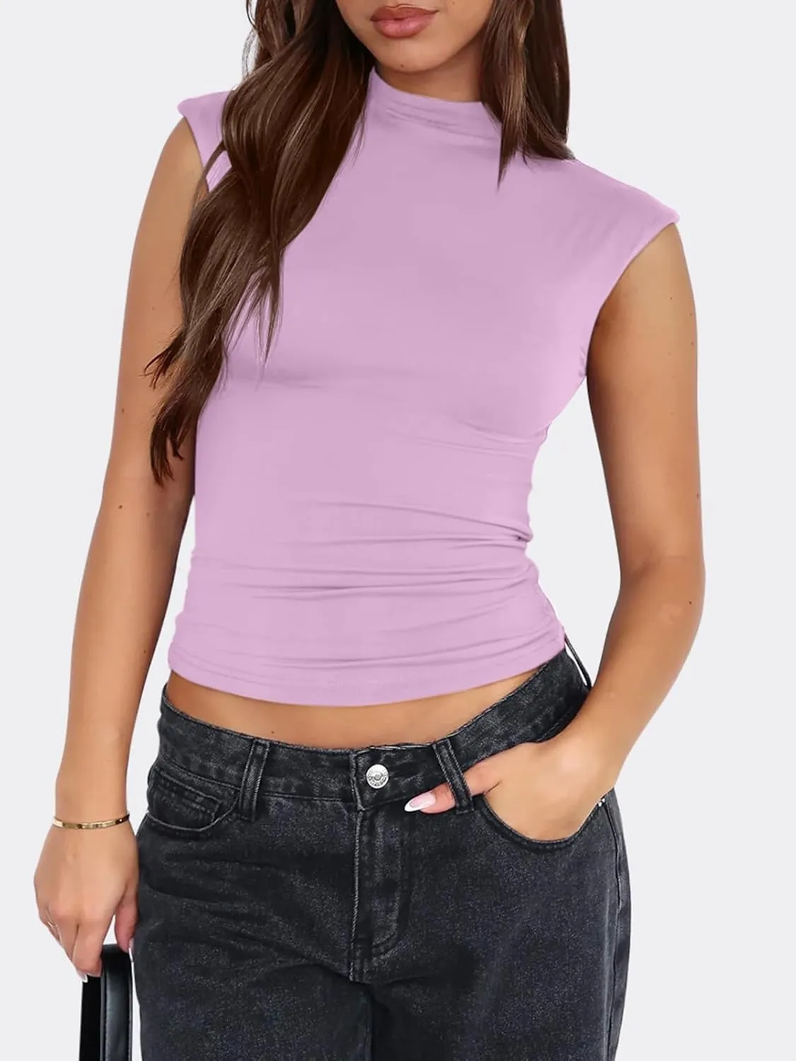 PINKMSTYLE Womens Sleeveless Mock Turtle Neck Tops Double Lined Tank Tops 2025 Basic Tight Shirts