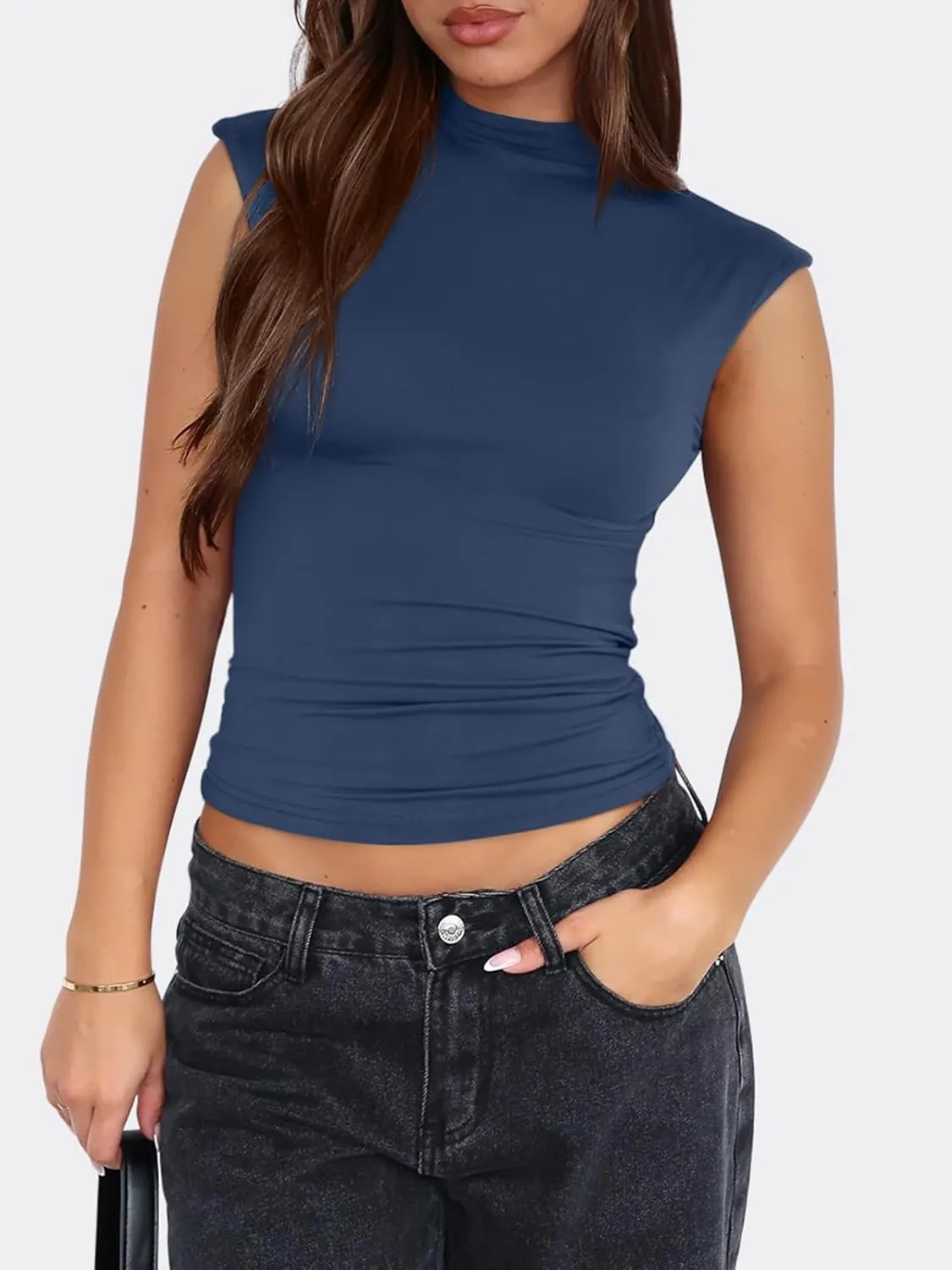 PINKMSTYLE Womens Sleeveless Mock Turtle Neck Tops Double Lined Tank Tops 2025 Basic Tight Shirts