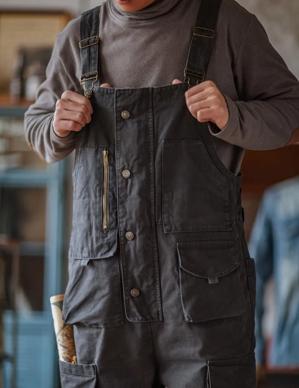 Rexcyril Men's Bib Overalls Loose Fit Baggy Casual Workwear Fashion Lightweight Sloppy Coveralls with Cargo Pockets
