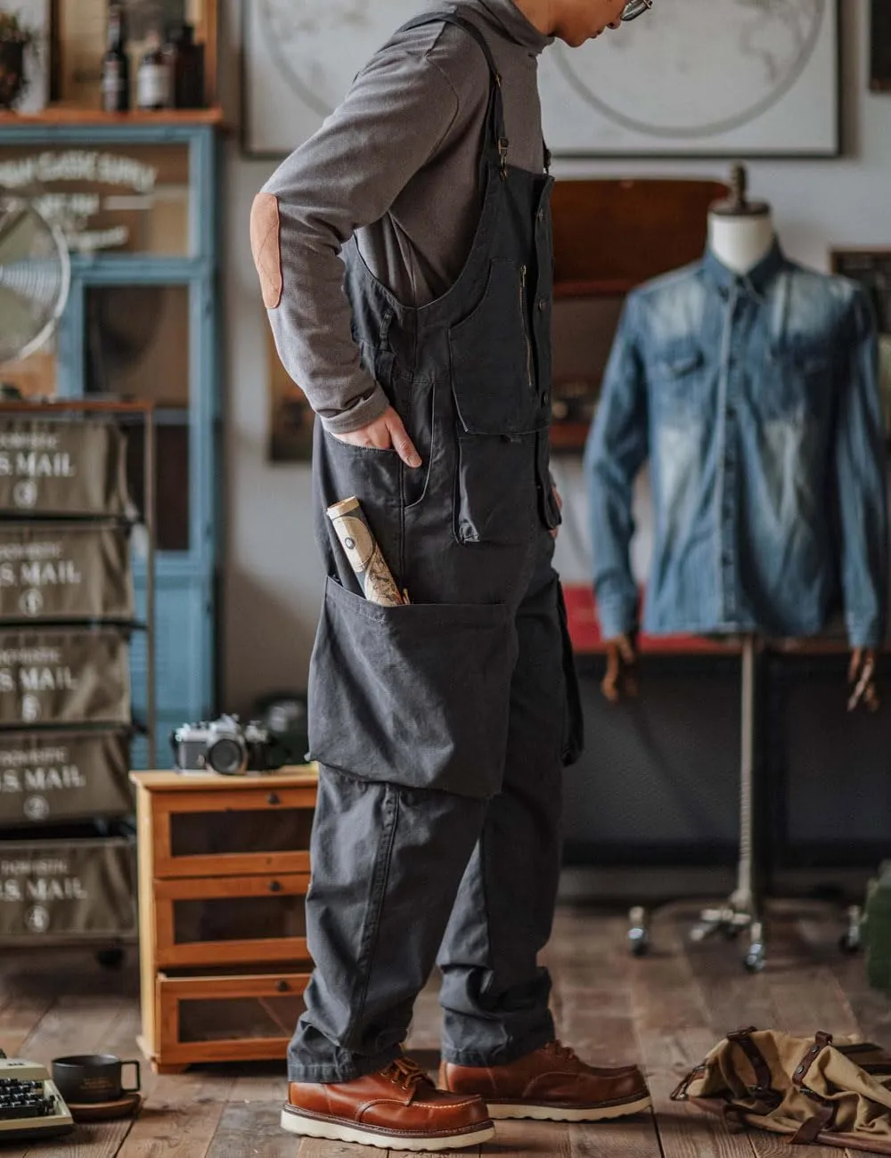 Rexcyril Men's Bib Overalls Loose Fit Baggy Casual Workwear Fashion Lightweight Sloppy Coveralls with Cargo Pockets