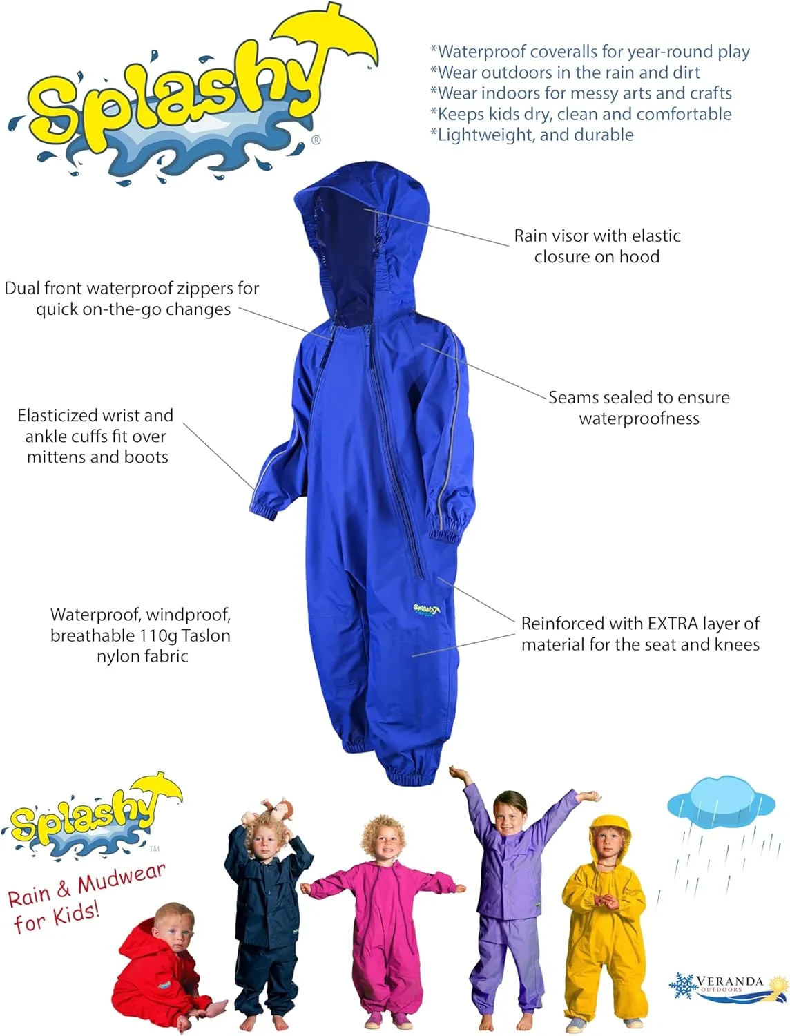 Splashy Waterproof One Piece Rainsuits and MudStopper Coveralls for Kids