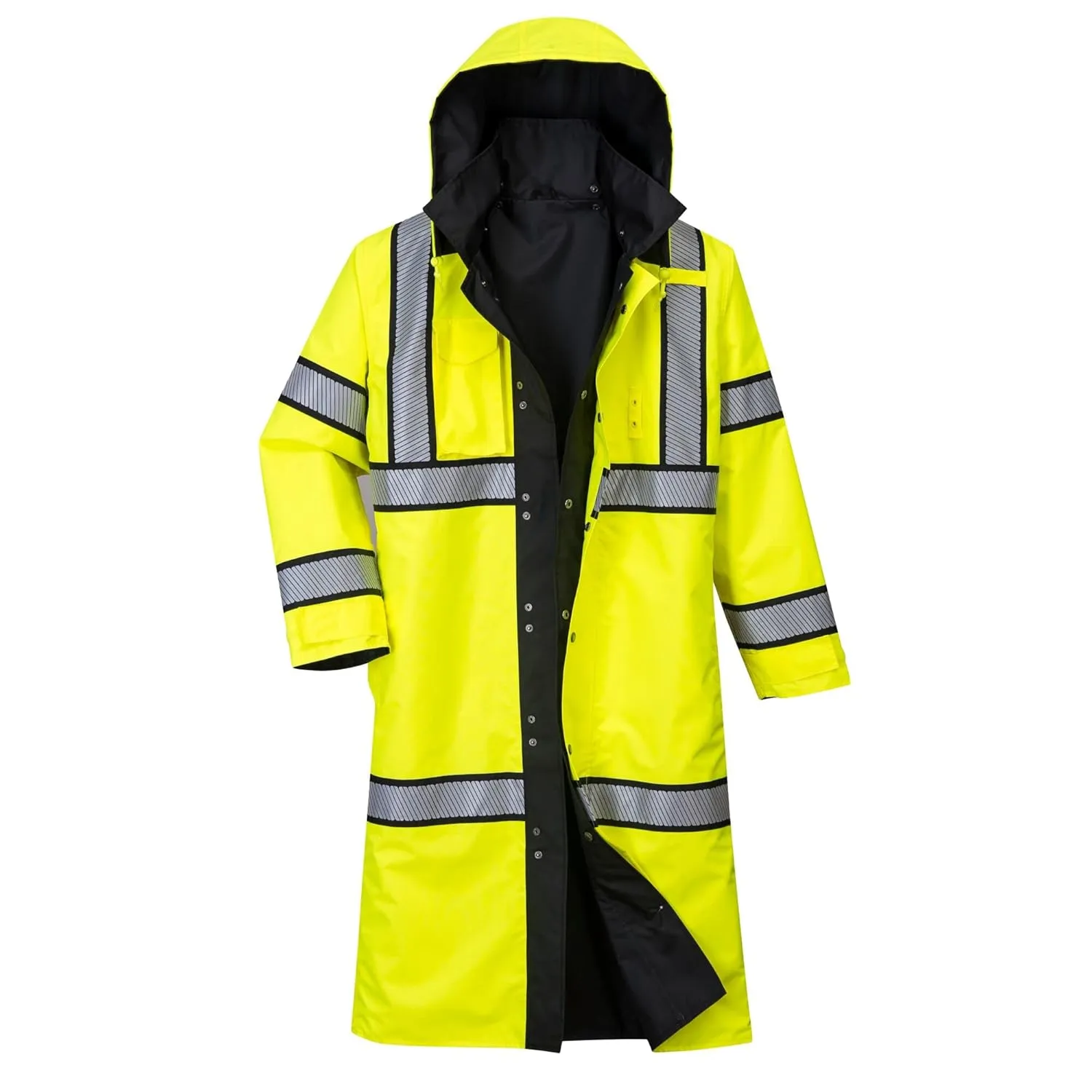UH447 Waterproof Reversible Raincoat Hi Vis Reflective Long Safety Rain Jacket Yellow/Black, Large