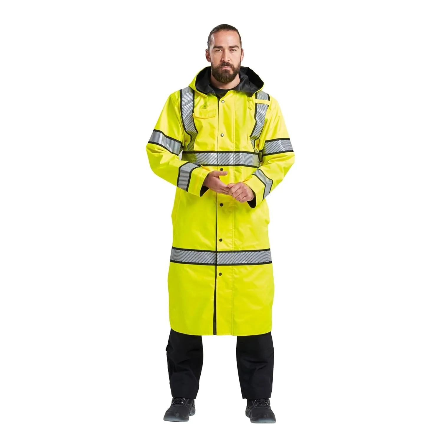 UH447 Waterproof Reversible Raincoat Hi Vis Reflective Long Safety Rain Jacket Yellow/Black, Large