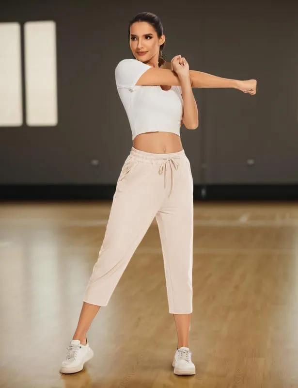 Women Casual Capris 21" with Deep Zipper Pockets Drawstring Comfy Tapered Sweatpants for Golf Athletic Travel Work