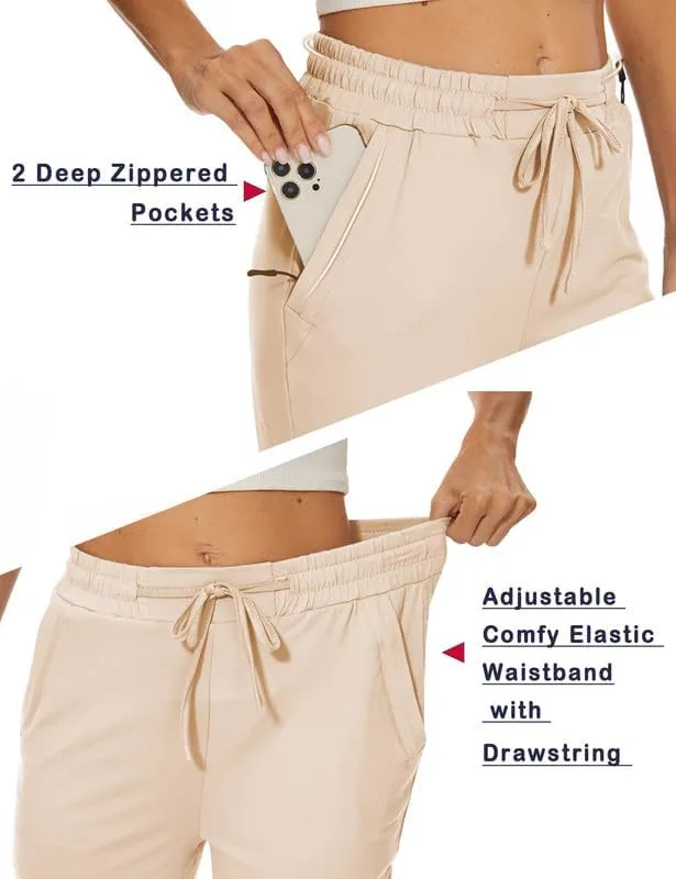Women Casual Capris 21" with Deep Zipper Pockets Drawstring Comfy Tapered Sweatpants for Golf Athletic Travel Work