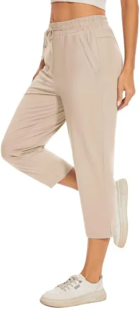 Women Casual Capris 21" with Deep Zipper Pockets Drawstring Comfy Tapered Sweatpants for Golf Athletic Travel Work