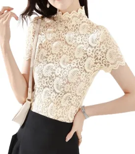 Women's Floral Lace Top Long Sleeve Mock See Through Mesh Underwear Blouse Shirt S-L