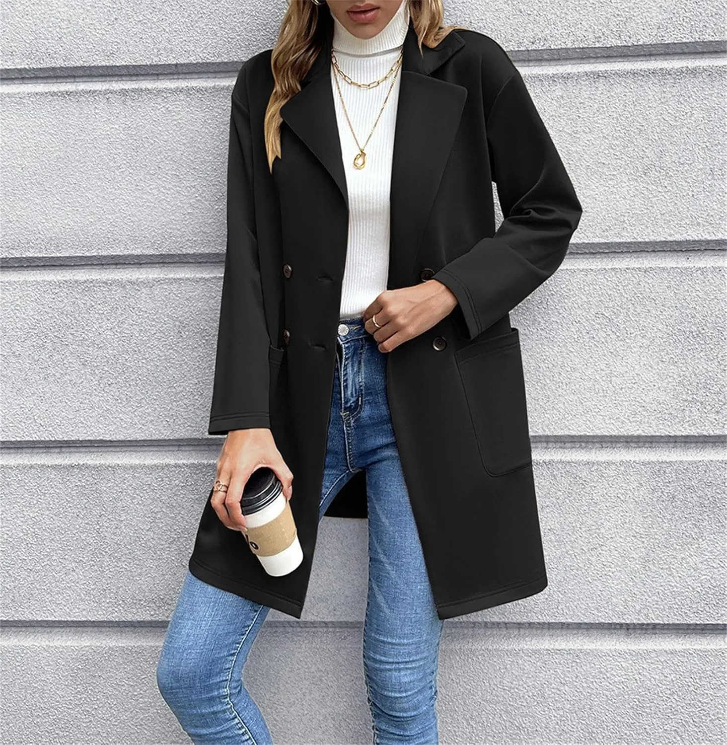 Women's Long Blazers Button Down Jackets Lapel Open Front Coats Long Sleeve Casual Loose Solid Outwear with Pockets