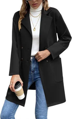 Women's Long Blazers Button Down Jackets Lapel Open Front Coats Long Sleeve Casual Loose Solid Outwear with Pockets
