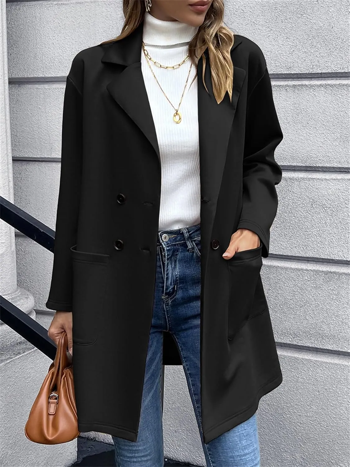 Women's Long Blazers Button Down Jackets Lapel Open Front Coats Long Sleeve Casual Loose Solid Outwear with Pockets