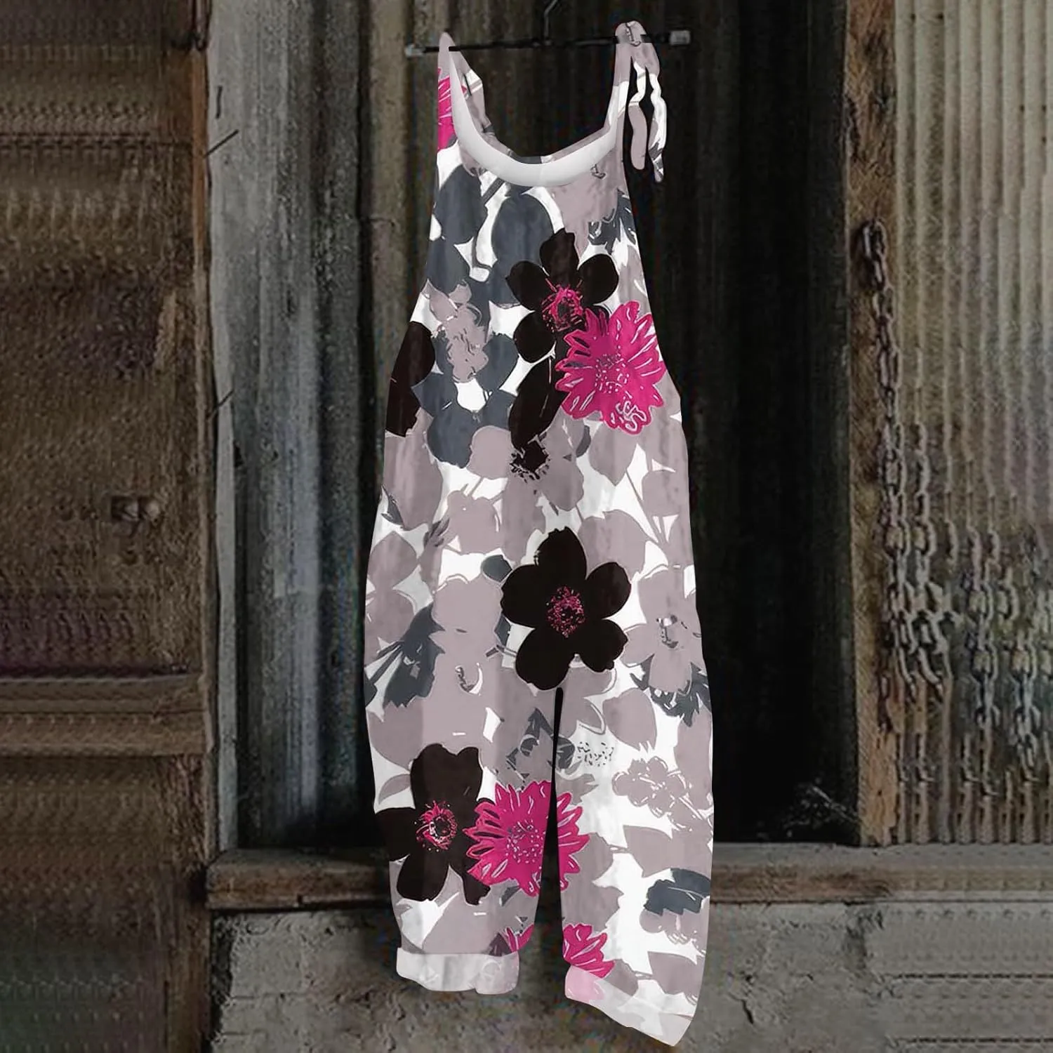 Womens Summer Floral Printed Jumpsuits Boho Linen Spaghetti Strap Baggy Romper Wide Leg outfits Active Pants